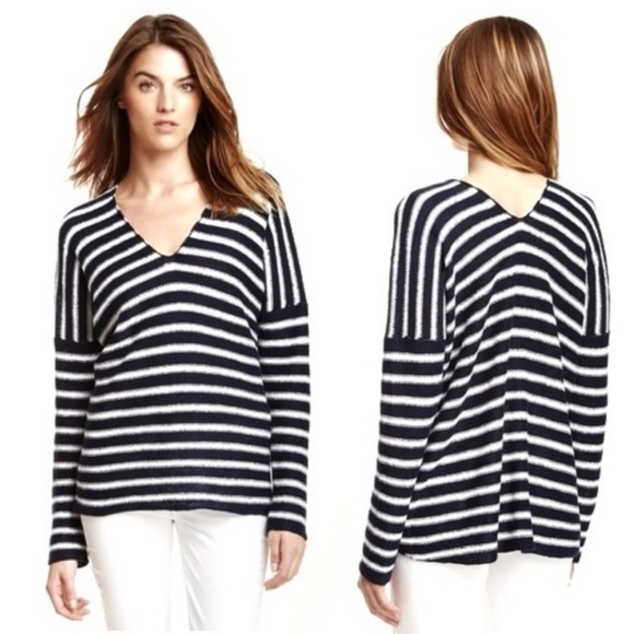Vince Large Linen Pullover Sweater V Neck Striped Knit Long Sleeve - Picture 1 of 9